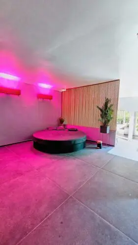 Image du fauteuil rond sous néon rose
