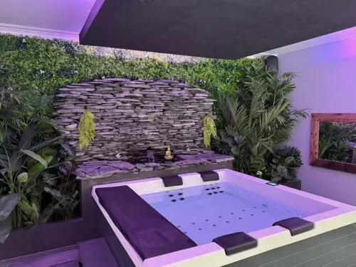 Image du jacuzzi de la villa sous neon rose