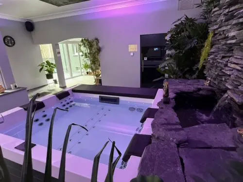 Image du jacuzzi de la villa sous neon rose