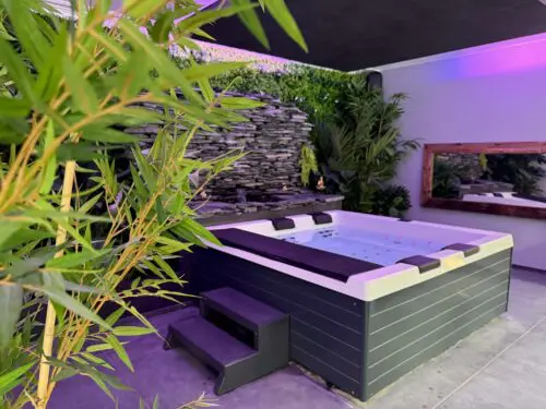 Image du jacuzzi de la villa sous neon rose
